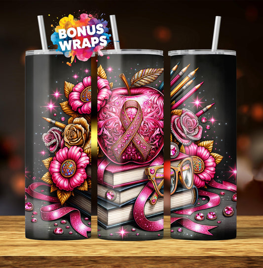 Pink Ribbon Awareness Teacher 20oz Skinny Tumbler Wrap Seamless Breast Cancer Sublimation Design Digital Download PNG