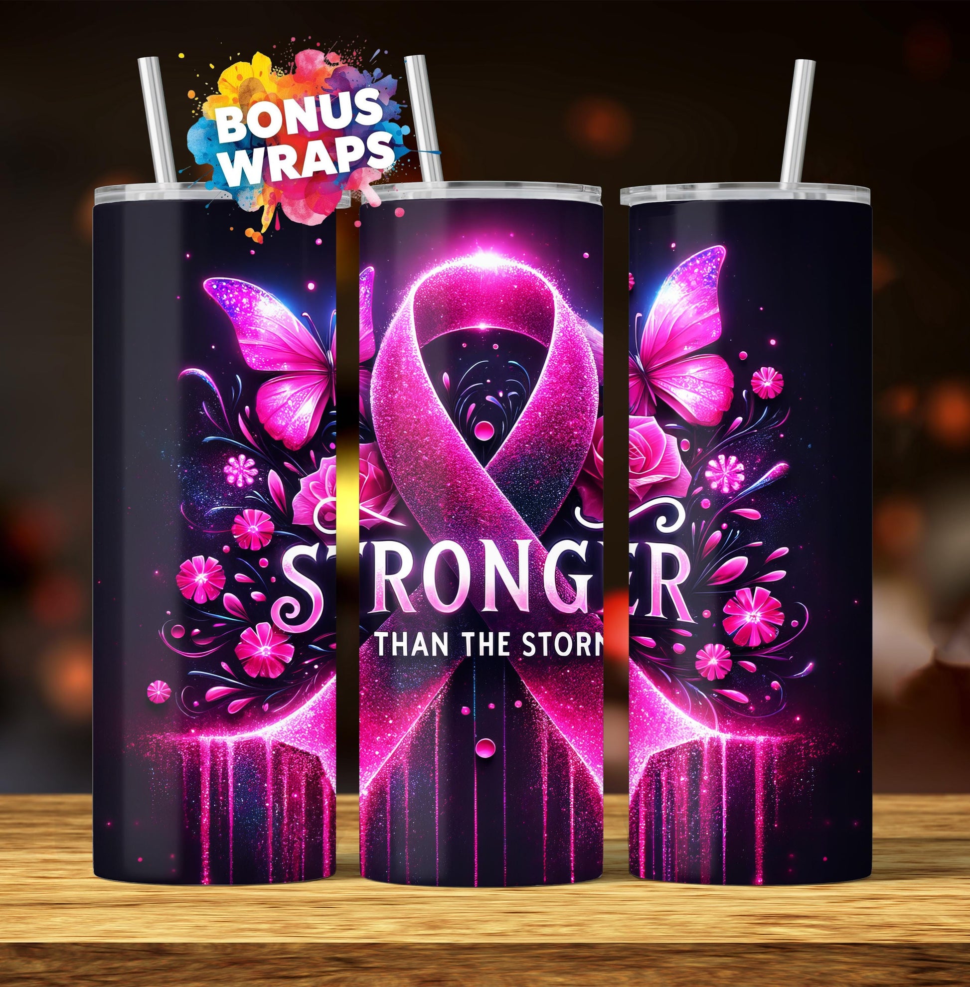 Breast Cancer Pink Glitter Stronger Than The Storm 20 oz Skinny Tumbler Seamless Sublimation Design Digital Download PNG, Awareness Tumbler