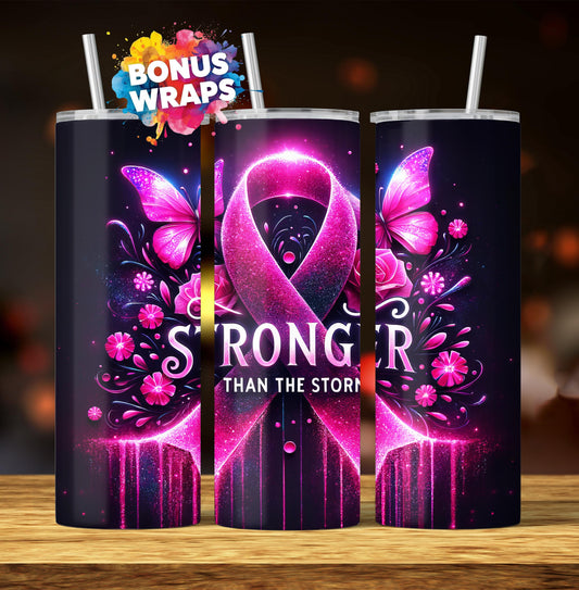 Breast Cancer Pink Glitter Stronger Than The Storm 20 oz Skinny Tumbler Seamless Sublimation Design Digital Download PNG, Awareness Tumbler