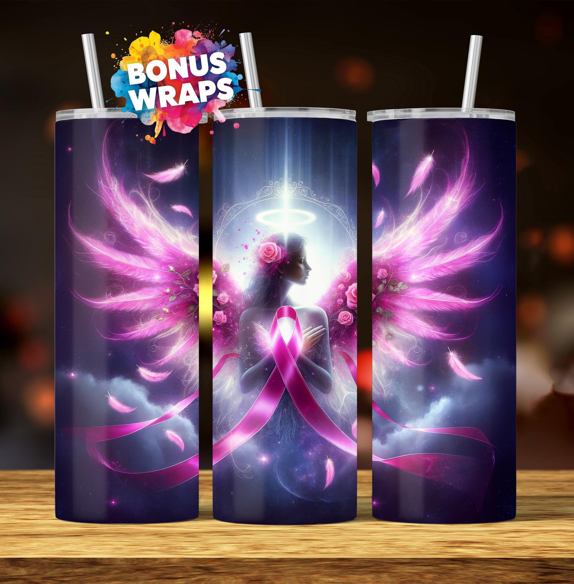 Pink Ribbon Awareness 20 oz Skinny Tumbler Wrap Breast Cancer Angel Seamless Sublimation Design Digital Download PNG