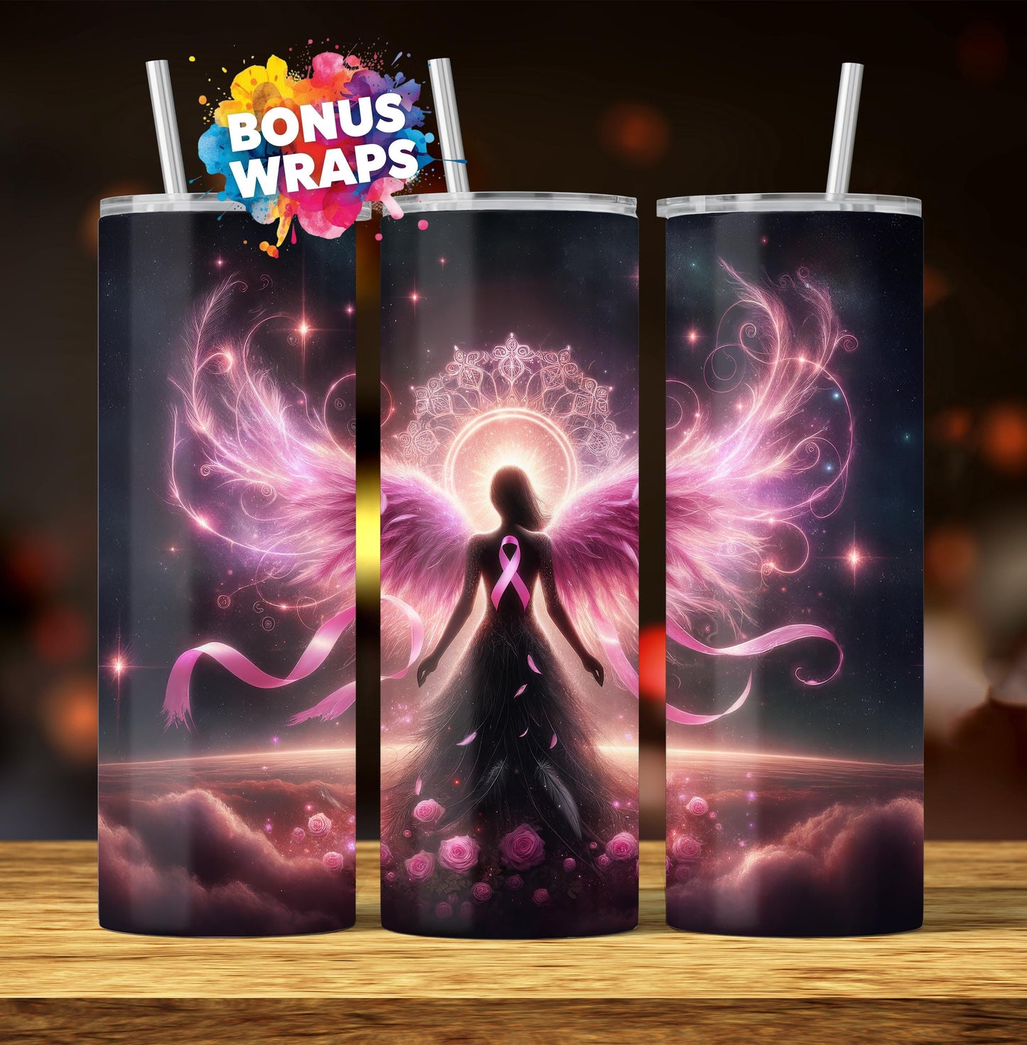 Pink Ribbon Awareness 20 oz Skinny Tumbler Wrap Breast Cancer Angel Seamless Sublimation Design Digital Download PNG