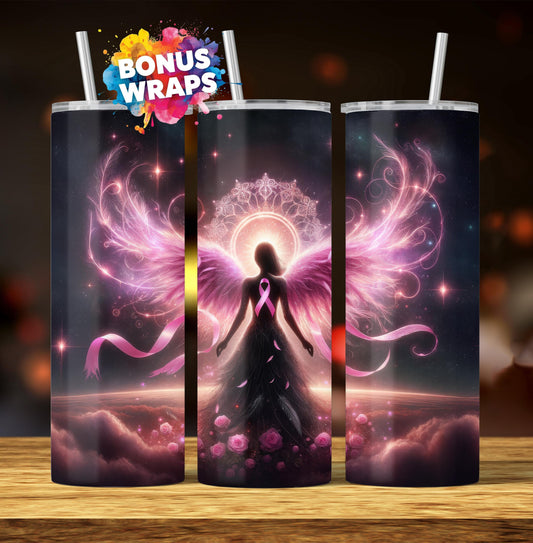 Pink Ribbon Awareness 20 oz Skinny Tumbler Wrap Breast Cancer Angel Seamless Sublimation Design Digital Download PNG