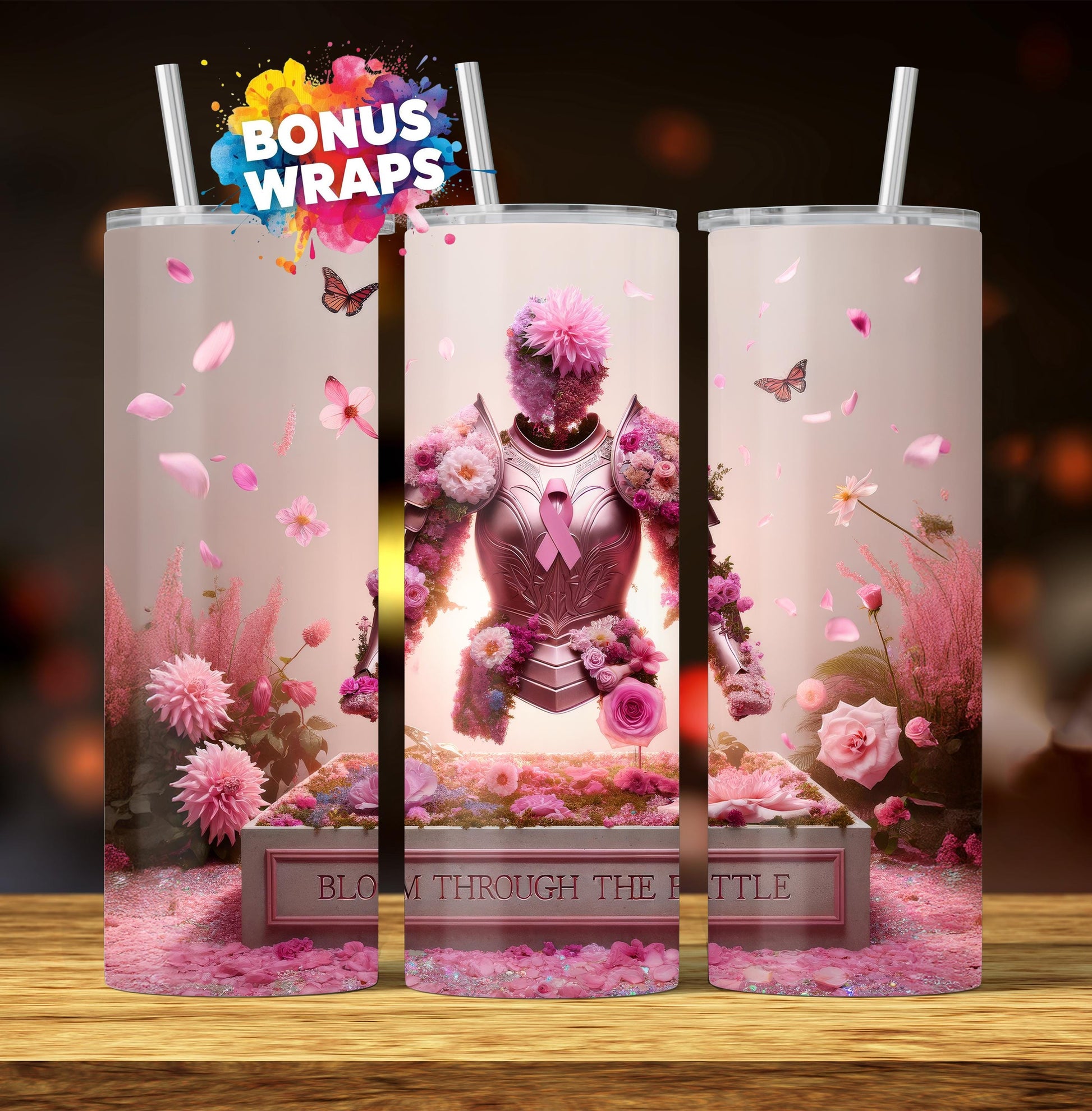 Pink Ribbon Awareness 20 oz Skinny Tumbler Bloom Through The Battle Seamless Breast Cancer Sublimation Design Digital Download PNG