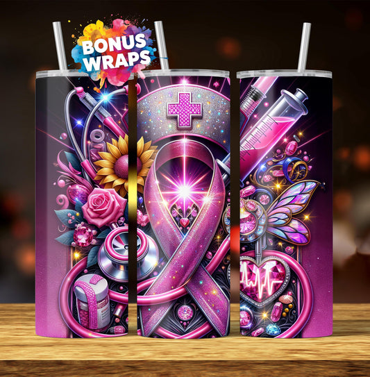 Breast Cancer Pink Ribbon Nurse Medical Halloween 20oz Skinny Tumbler Seamless Sublimation Design Digital Download PNG, Awareness Tumbler