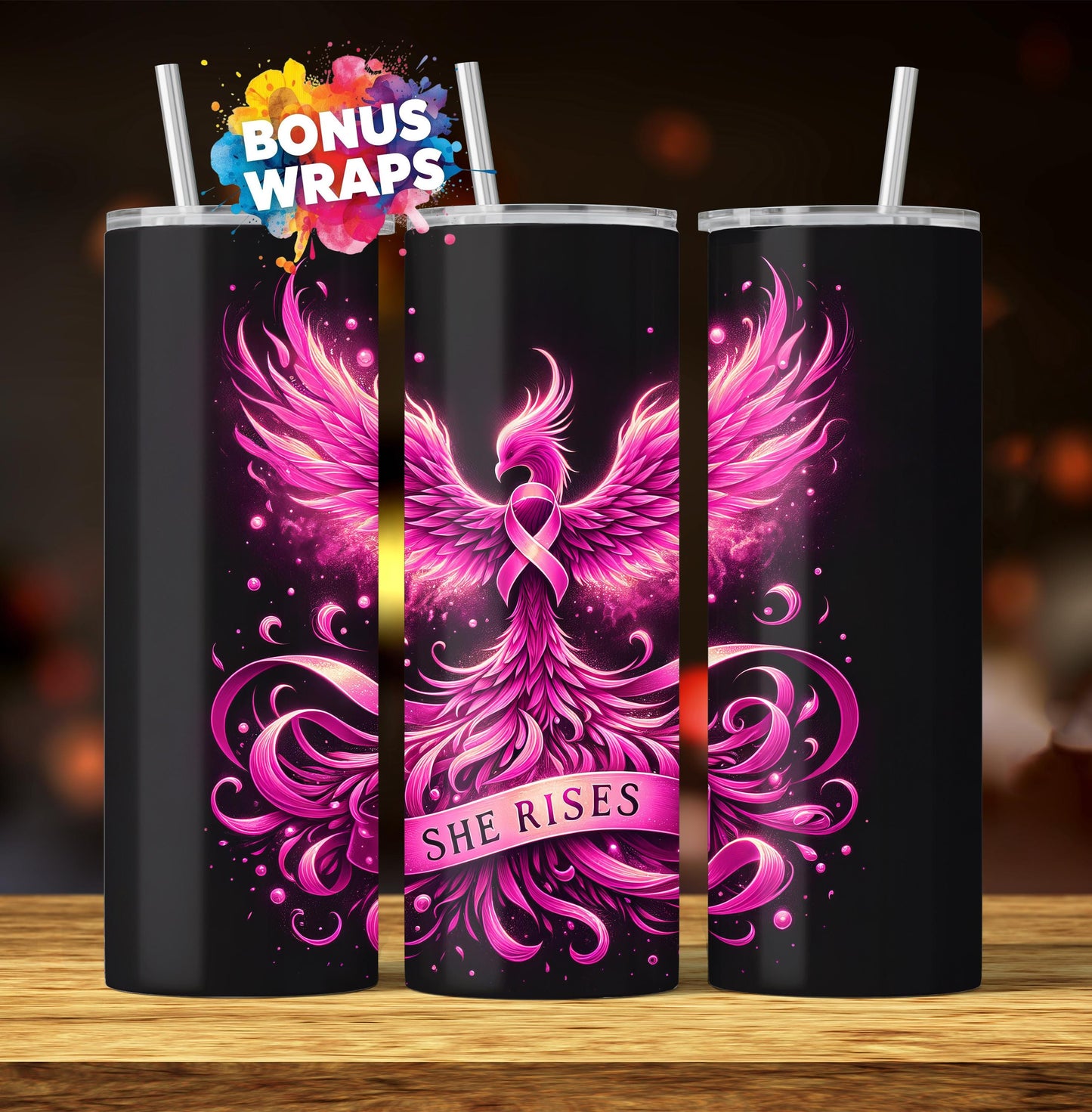 Pink Ribbon Awareness She Rises 20 oz Skinny Tumbler Wrap Breast Cancer Seamless Sublimation Design Digital Download PNG
