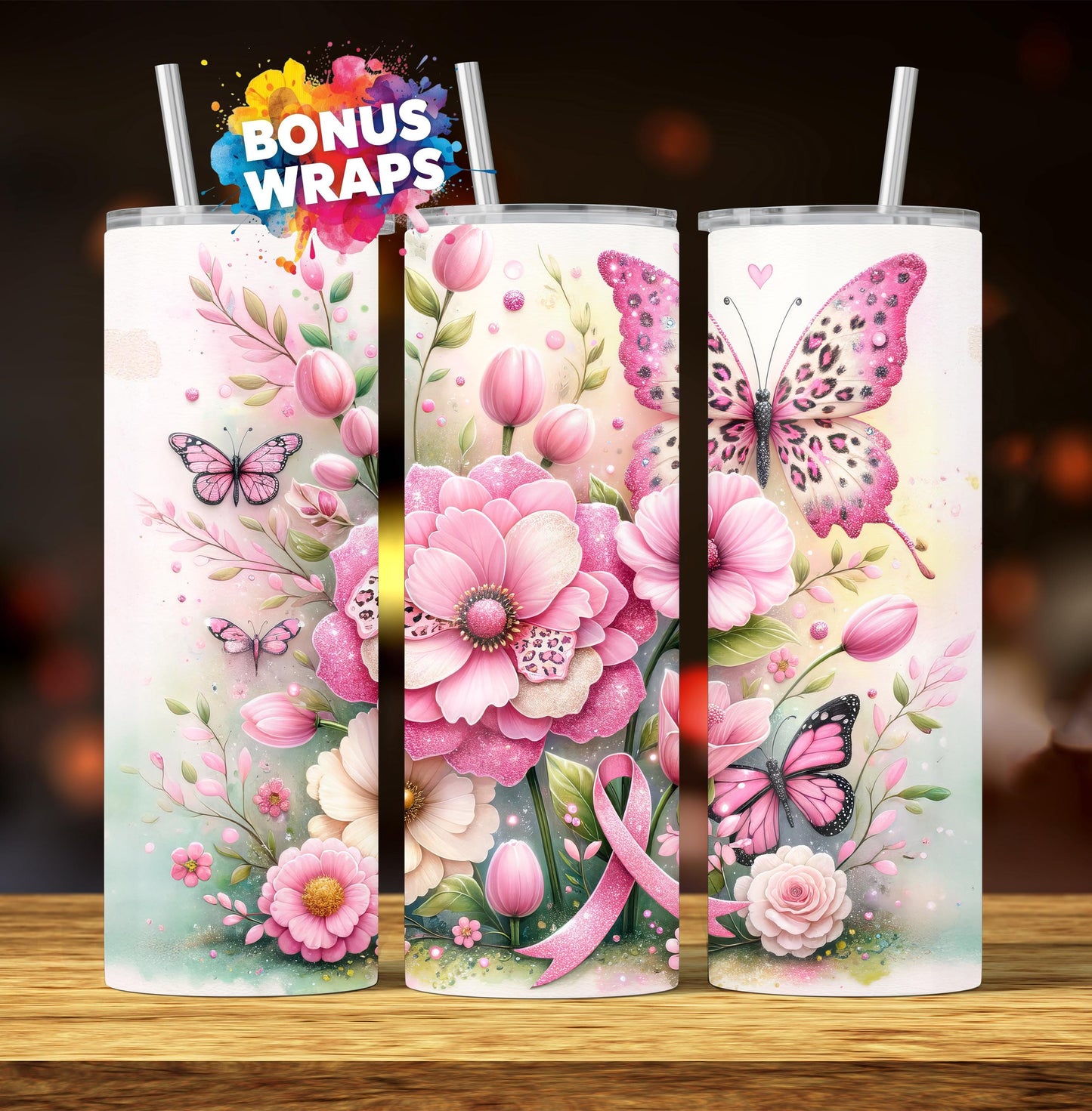 Pink Ribbon Awareness Breast Cancer Survivor Tumbler Wrap 20 oz Skinny Tumbler Sublimation Design Digital Download PNG Instant