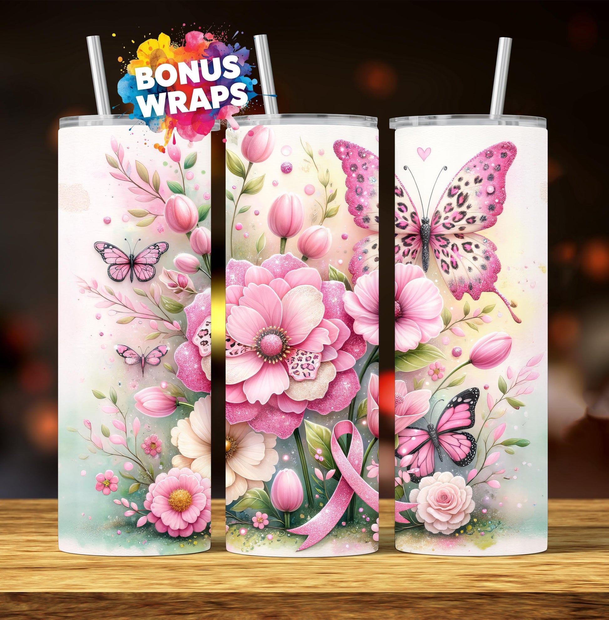 Pink Ribbon Awareness Breast Cancer Survivor Tumbler Wrap 20 oz Skinny Tumbler Sublimation Design Digital Download PNG Instant