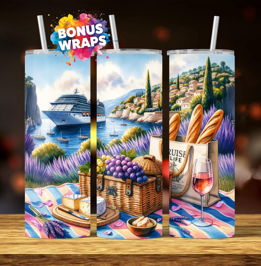Cruise Time Tumbler Wrap, 20 oz Skinny Tumbler Wrap French Riviera Cruise Life Vacation Sublimation Design, Seamless Wrap, Digital Download
