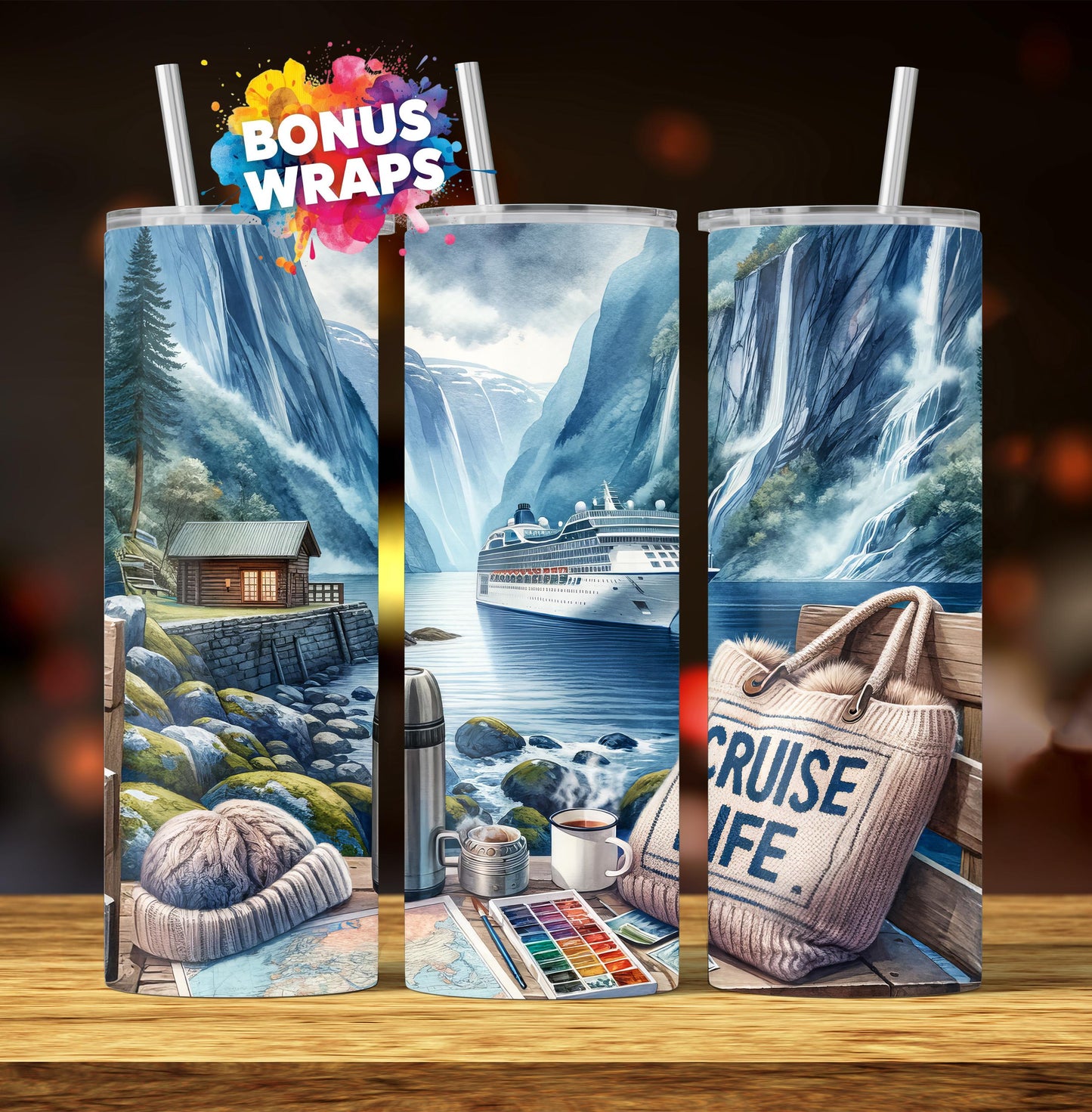 Cruise Time Tumbler Wrap, 20 oz Skinny Tumbler Wrap Norway Nature Cruise Life Vacation Sublimation Design, Seamless Wrap, Digital Download