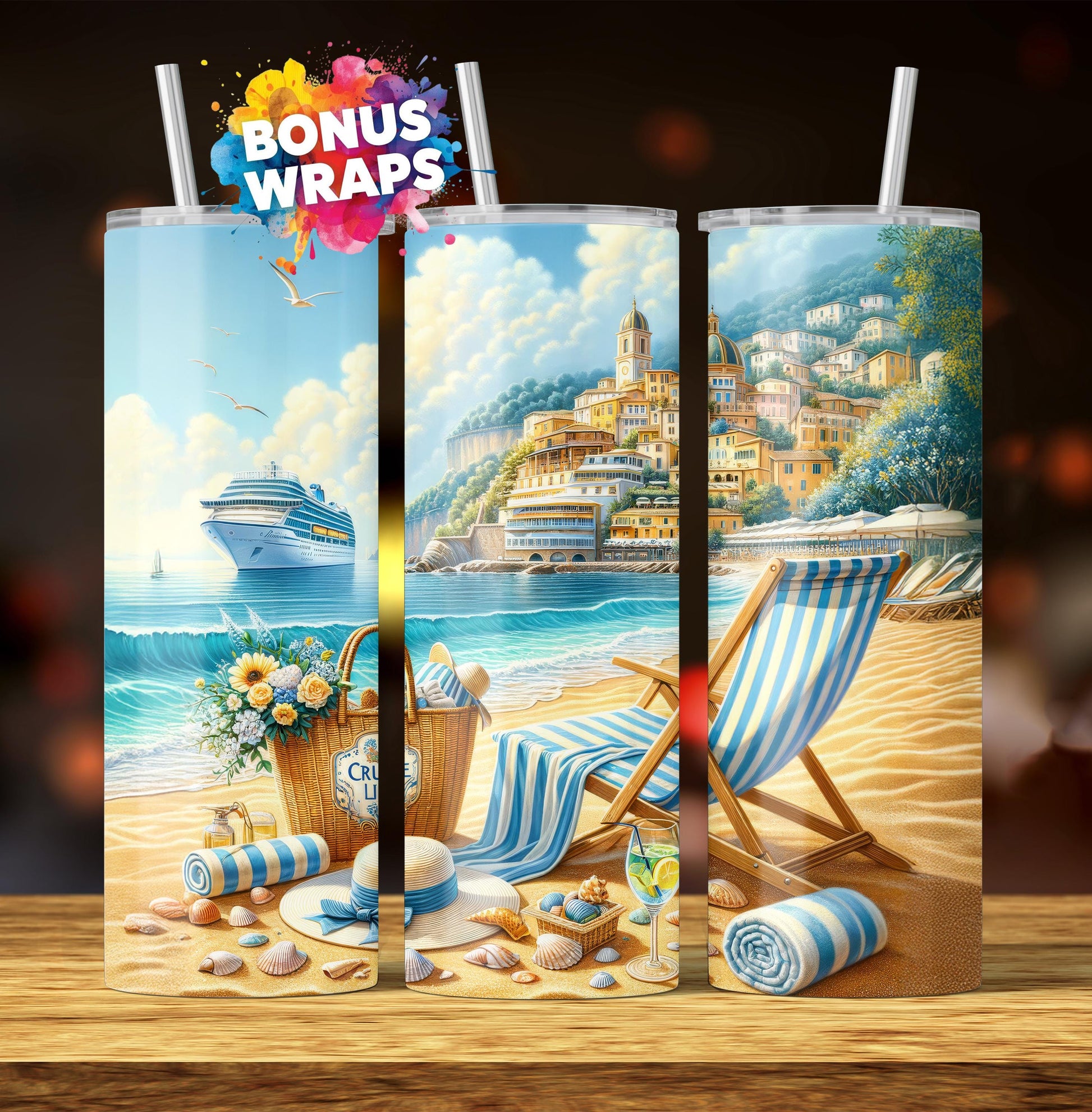 Cruise Time Tumbler Wrap, 20 oz Skinny Tumbler Wrap Italy Capri Cruise Life Vacation Sublimation Design, Seamless Wrap, Digital Download