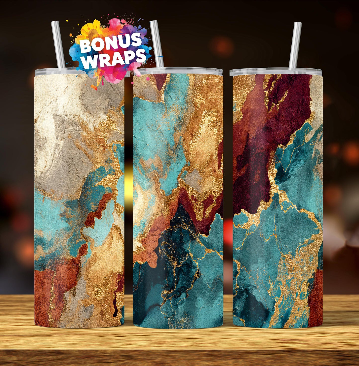 Marble 20oz Skinny Tumbler Wrap, Teal Brown Gold Marble Seamless Sublimation Design Templates, Girly Tumbler PNG Digital Download