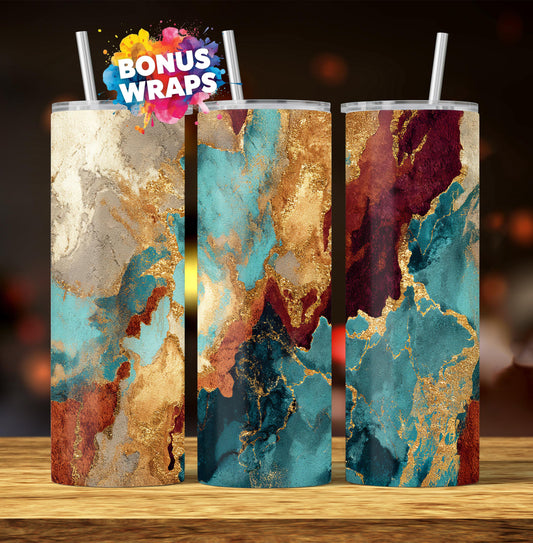 Marble 20oz Skinny Tumbler Wrap, Teal Brown Gold Marble Seamless Sublimation Design Templates, Girly Tumbler PNG Digital Download