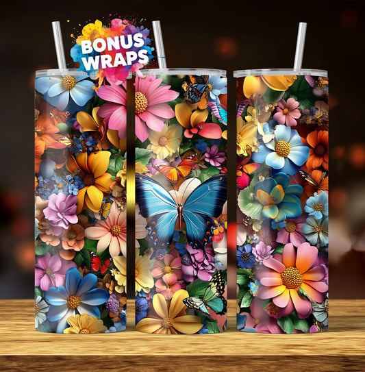 3D Butterflies 20oz Skinny Tumbler Wrap Png, Seamless Spring Flowers Tumbler Png Floral 20 Oz Tumbler Png Sublimation Design