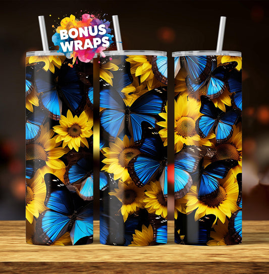 3D Butterflies Sunflowers, 20oz Tumbler Wrap Png Seamless Spring Flowers Tumbler Png Floral 20 Oz Tumbler Png Sublimation Design