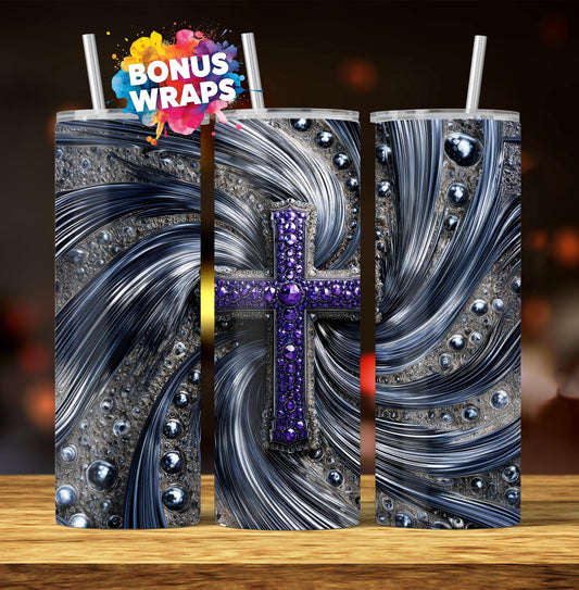 Jeweled Cross 20oz Skinny Tumbler Wrap, Agate Stone Swirls Seamless Sublimation Design Templates, Girly Tumbler PNG Digital Download