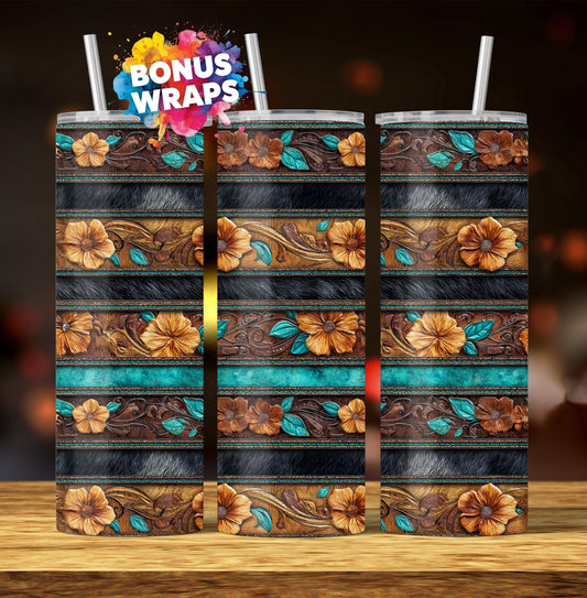 Western Leather and Cow Hide 20oz Skinny Tumbler Wrap, Seamless Country Western Sublimation Tumbler PNG Designs