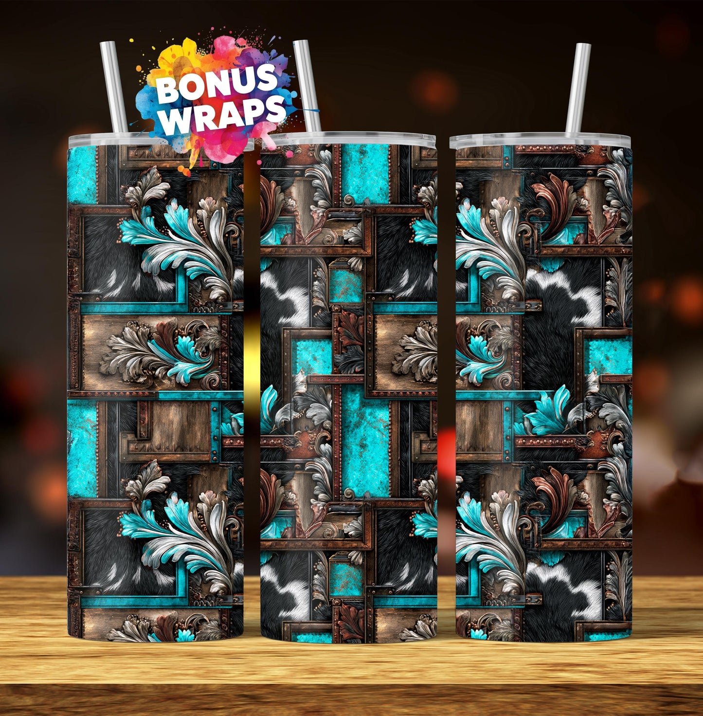 Western Patchwork Leather and Cow Hide 20oz Skinny Tumbler Wrap, Seamless Country Western Sublimation Tumbler PNG Designs