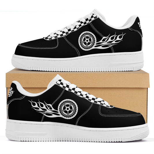 Black & White Checked with Tire and Flames Racing Themed Unisex Air Force Sneakers