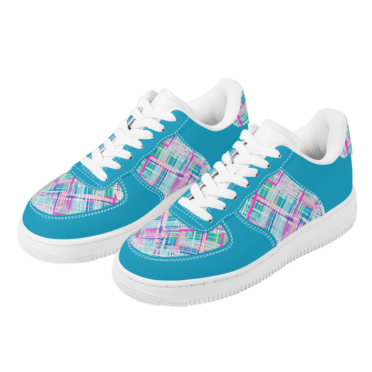 Whimsical Plaid Spectrum: Bright Pinks, Blues, and Greens and Blue Trim Unisex Air Force Sneakers