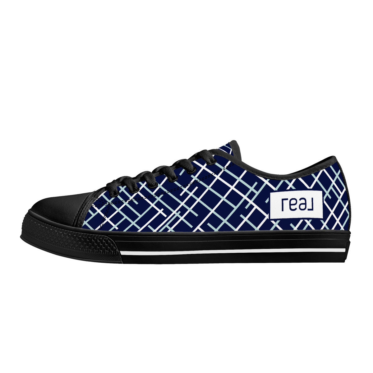 Real White Logo on Navy with Abstract Line Design with Black Toe Canvas Sneakers