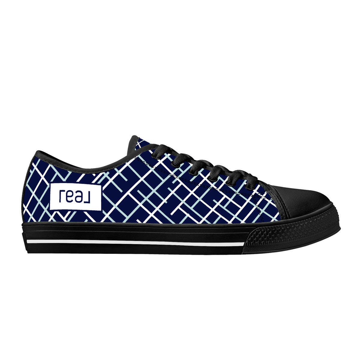 Real White Logo on Navy with Abstract Line Design with Black Toe Canvas Sneakers