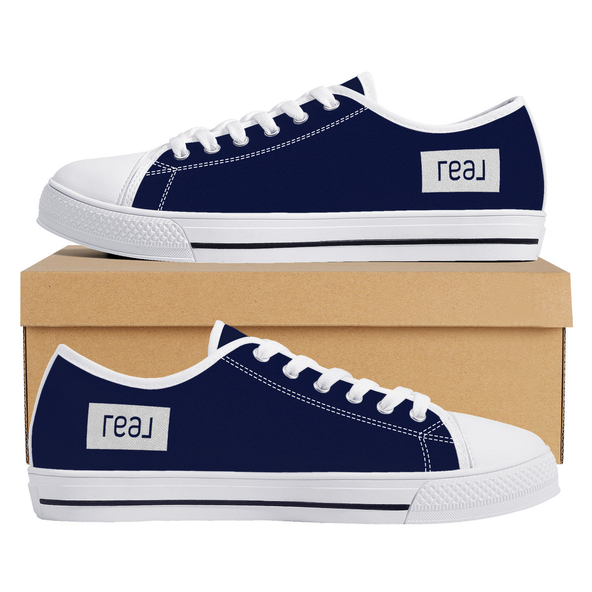 Real Logo in White on Navy Background Canvas Sneakers