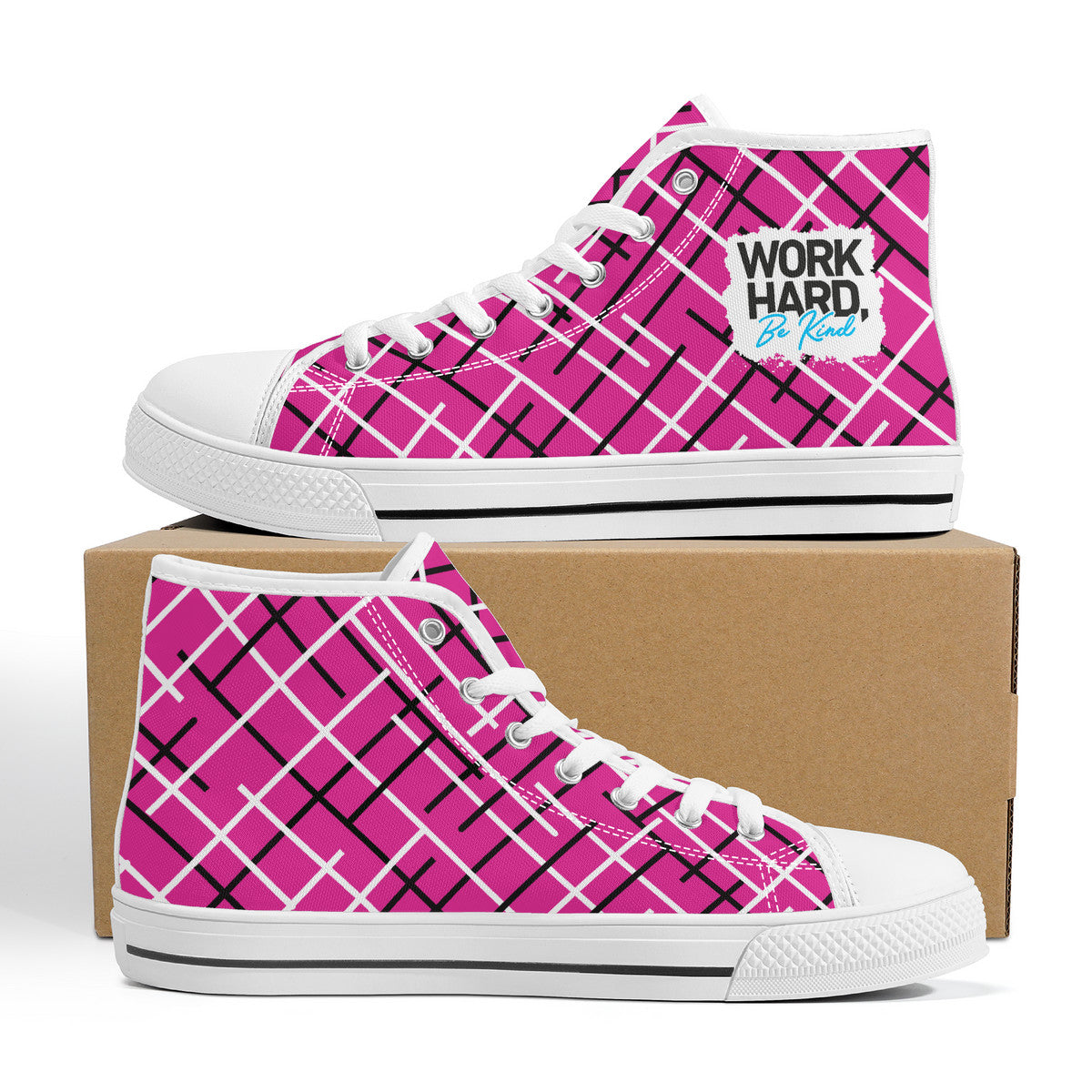 Work Hard Be Kind - Pink w/ Lines Converse Style High Tops