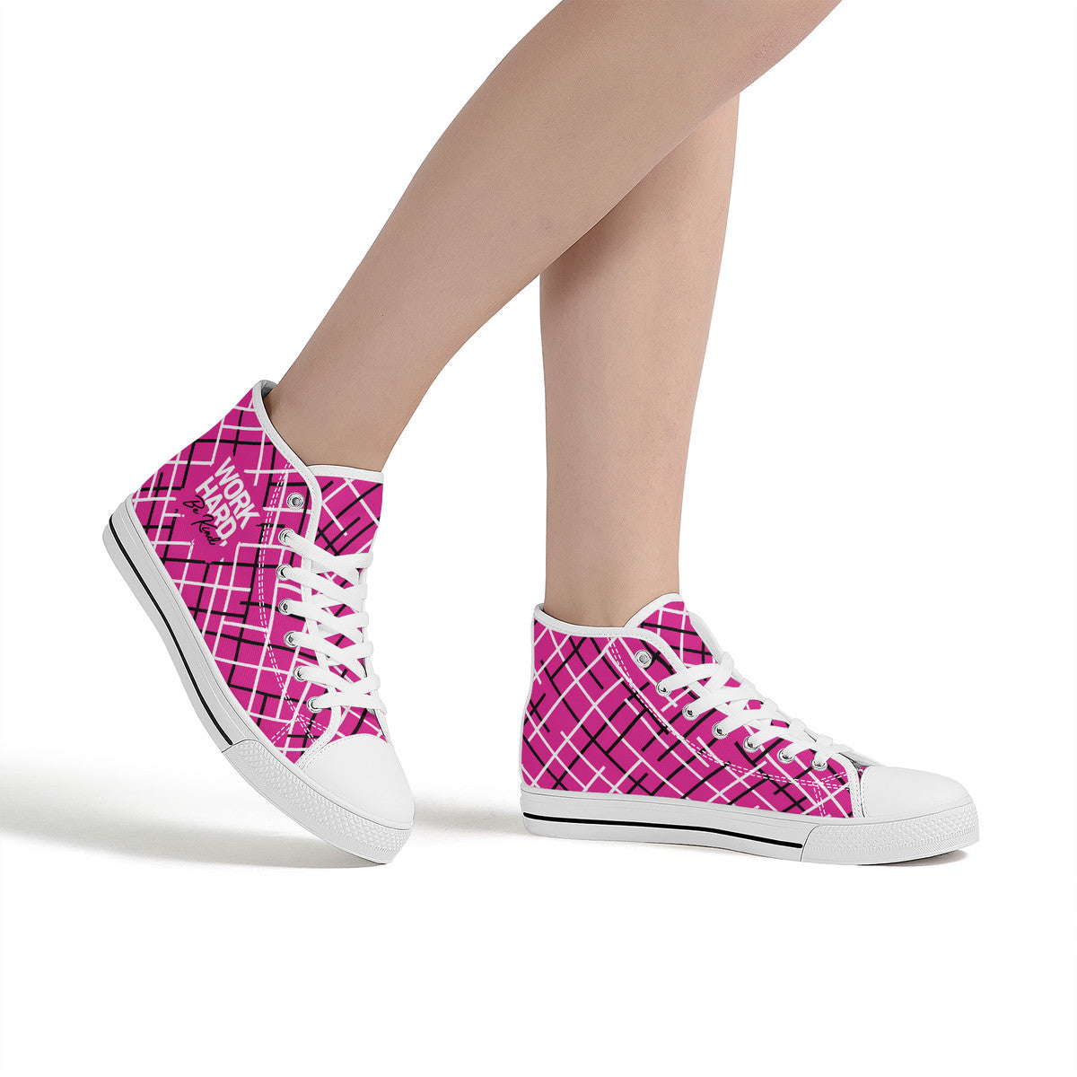 Work Hard Be Kind - Pink w/ Lines Converse Style High Tops