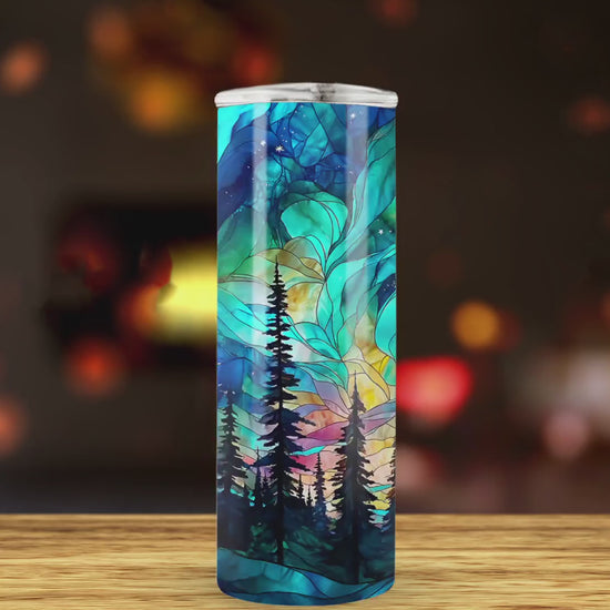 3D Northern Lights 20oz Tumbler Wrap Png Tumbler, Forest CampingTumbler Seamless Sublimation Design