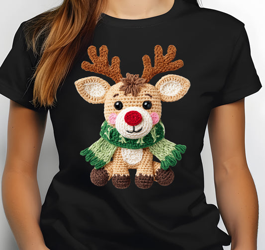 Faux Crochet Red Nose Reindeer Print Jersey Short Sleeve T-shirt