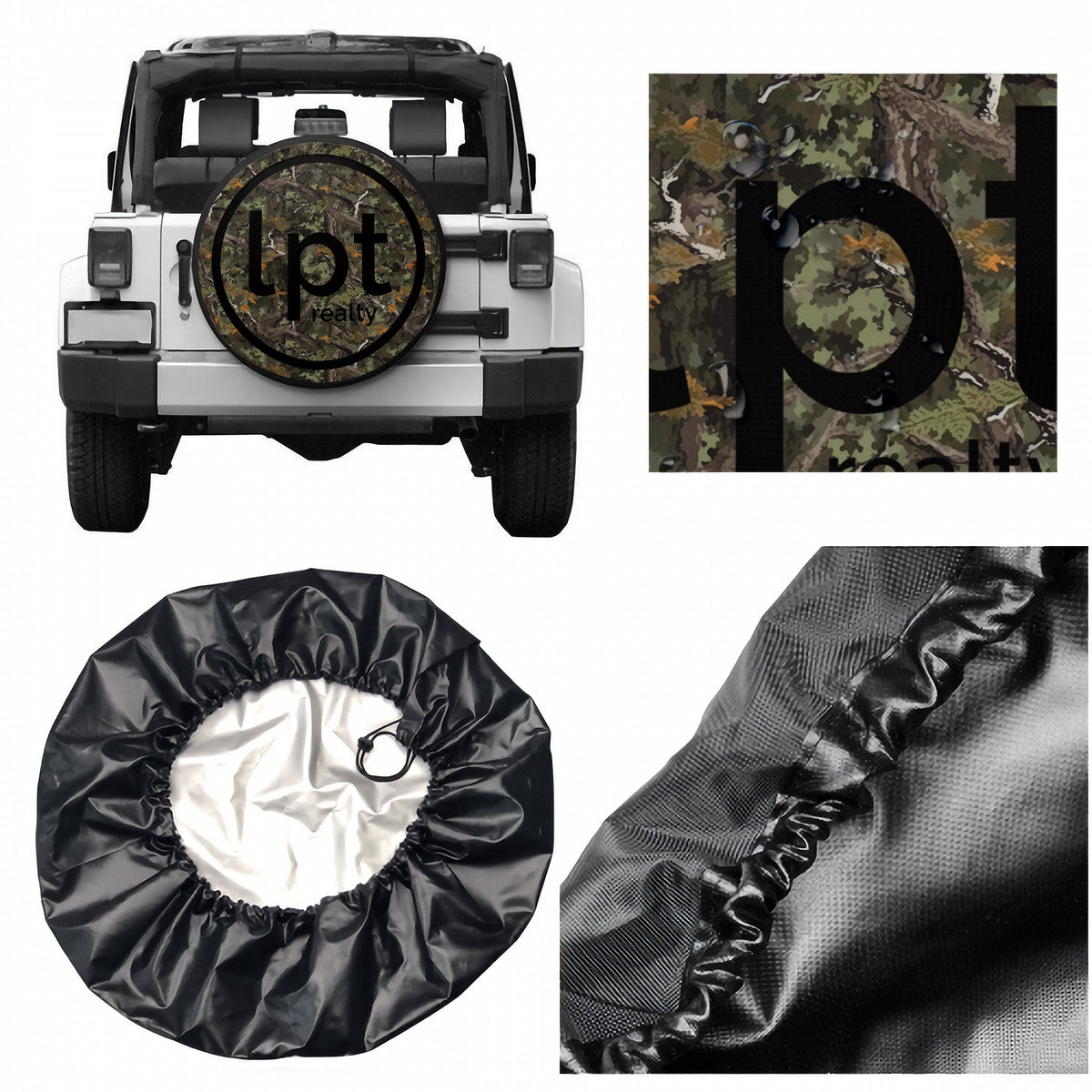 LPT Realty Logo in Black on Mossy Oak Theme Camouflage Background - Spare Tire Wheel Cover Sizes 14-17