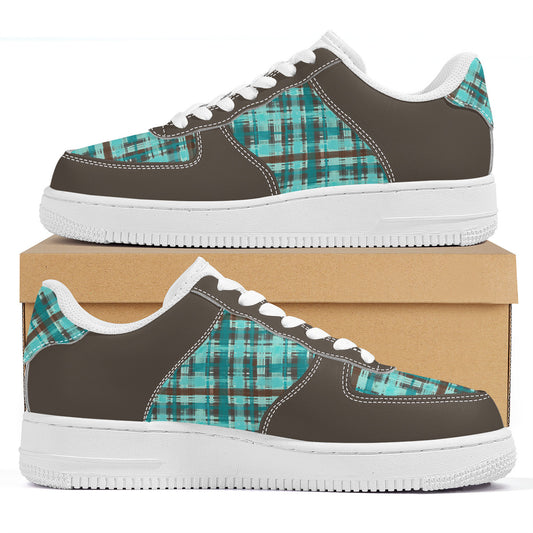 Bold Abstract Watercolor Plaid in Shades of Green and Brown with Brown Trim  Unisex Air Force Sneakers