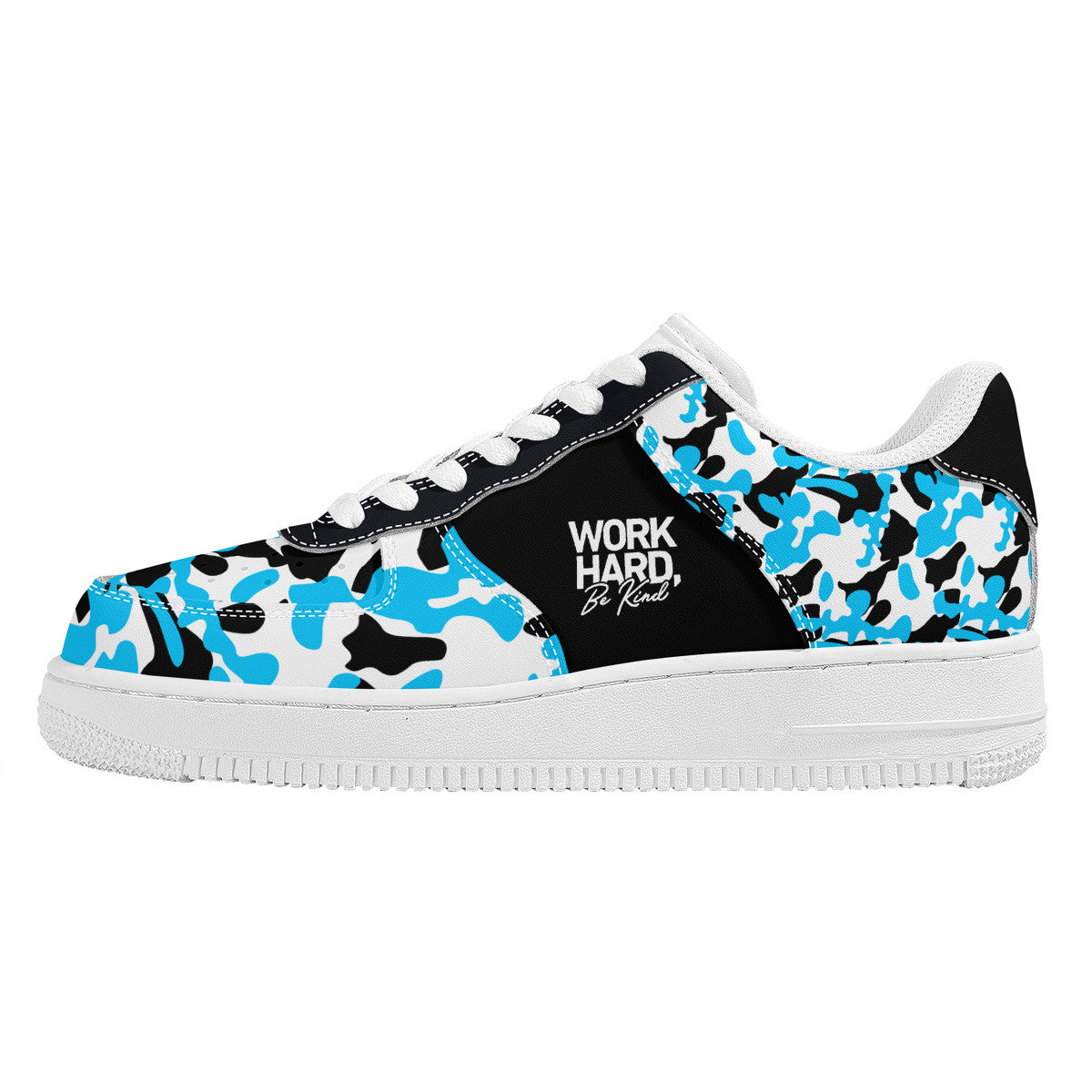 Blue and Black Camouflage with Work Hard Be Kind Unisex Air Force Sneakers