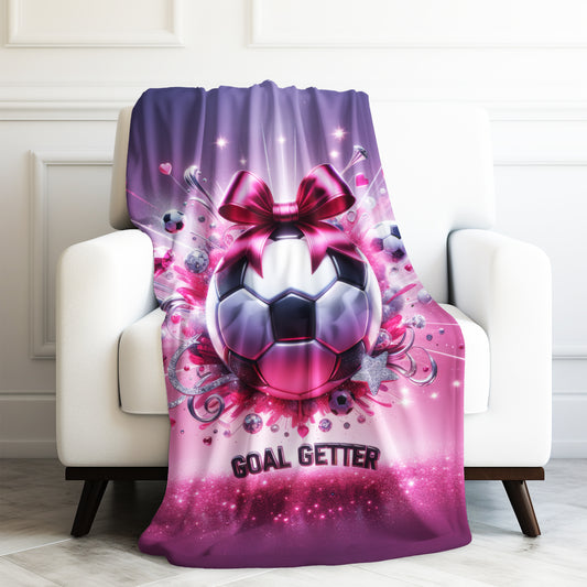 Coquette Bow "Goal Getter" Glitter Glam Girls Soccer Ball Velveteen Plush Blanket 3 Sizes