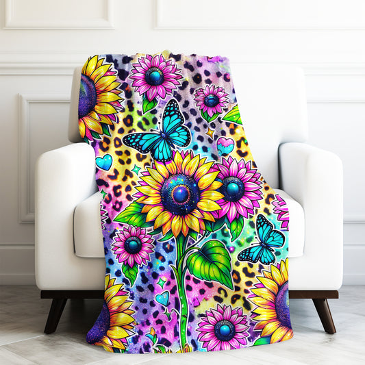 Sunflowers Butterflies with Leopard Print Velveteen Plush Blanket 3 Sizes