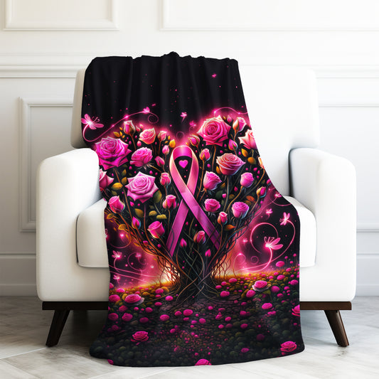 Breast Cancer Survivor Pink Ribbon Awareness Pink Roses Heart Velveteen Plush Blanket 3 Sizes