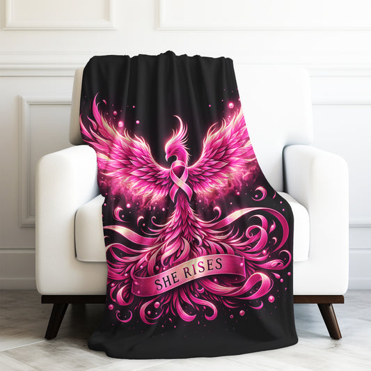 Breast Cancer She Rises Phoenix Pink Glitter Pink Ribbon Awareness Velveteen Plush Blanket 3 Sizes