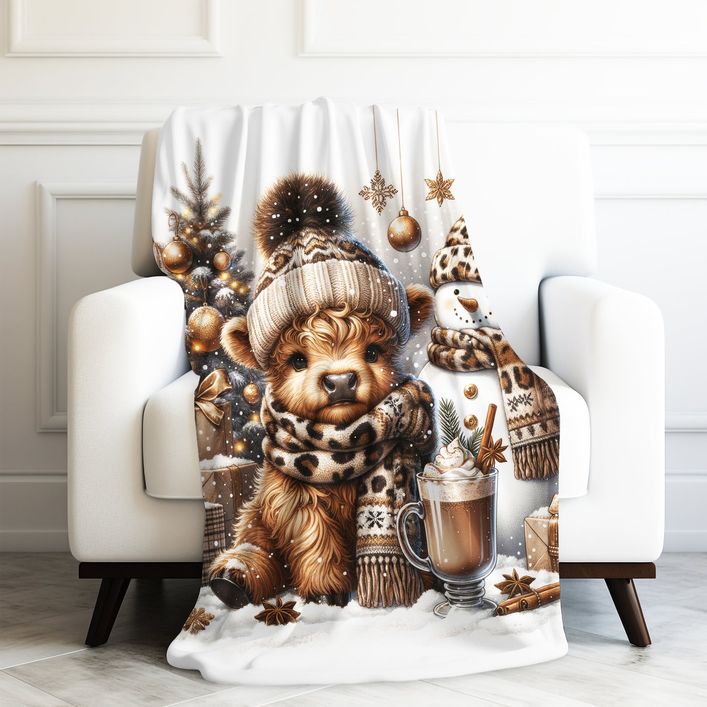 Cute Baby Highland Cow Christmas Trees Presents Leopard Velveteen Plush Blanket 3 Sizes