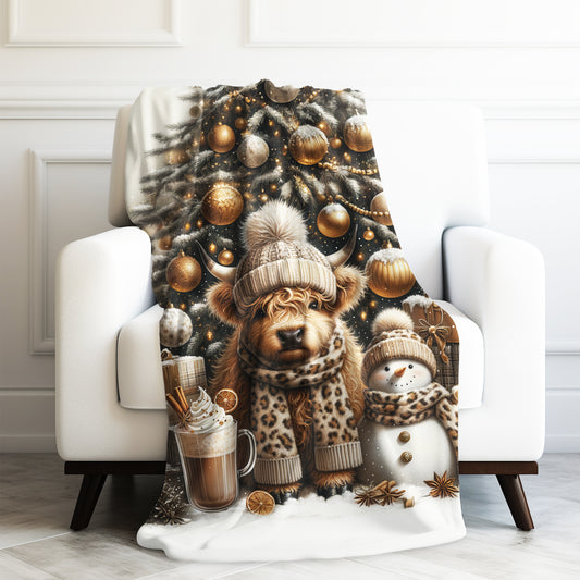 Cute Baby Highland Cow Christmas Trees Presents Leopard Velveteen Plush Blanket 3 Sizes