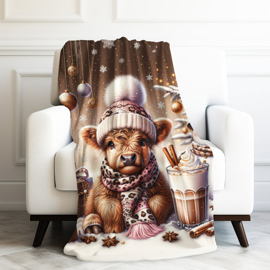 Cute Baby Highland Cow Christmas Trees Presents Leopard Velveteen Plush Blanket 3 Sizes