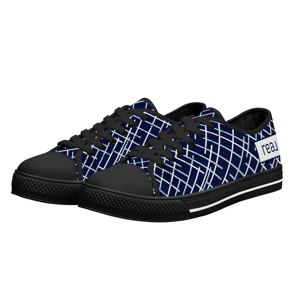 Real White Logo on Navy with Abstract Line Design with Black Toe Canvas Sneakers