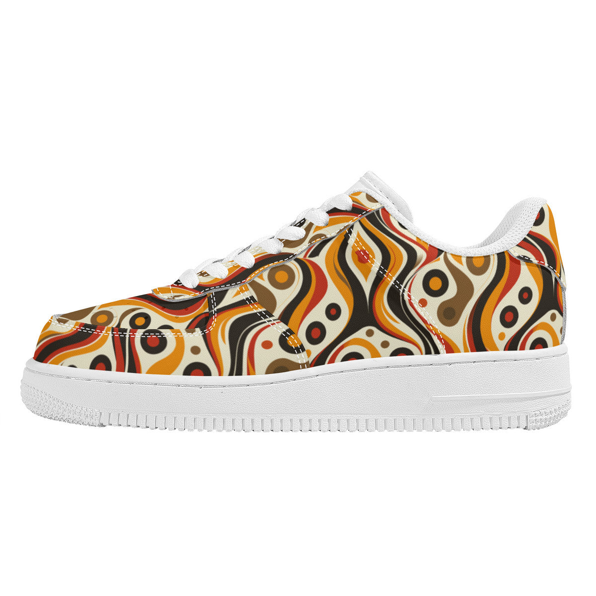 Retro Funky Chic Groove Vibrant Orange, Red, and Brown Swirls with Geometric Dots Unisex Air Force Sneakers