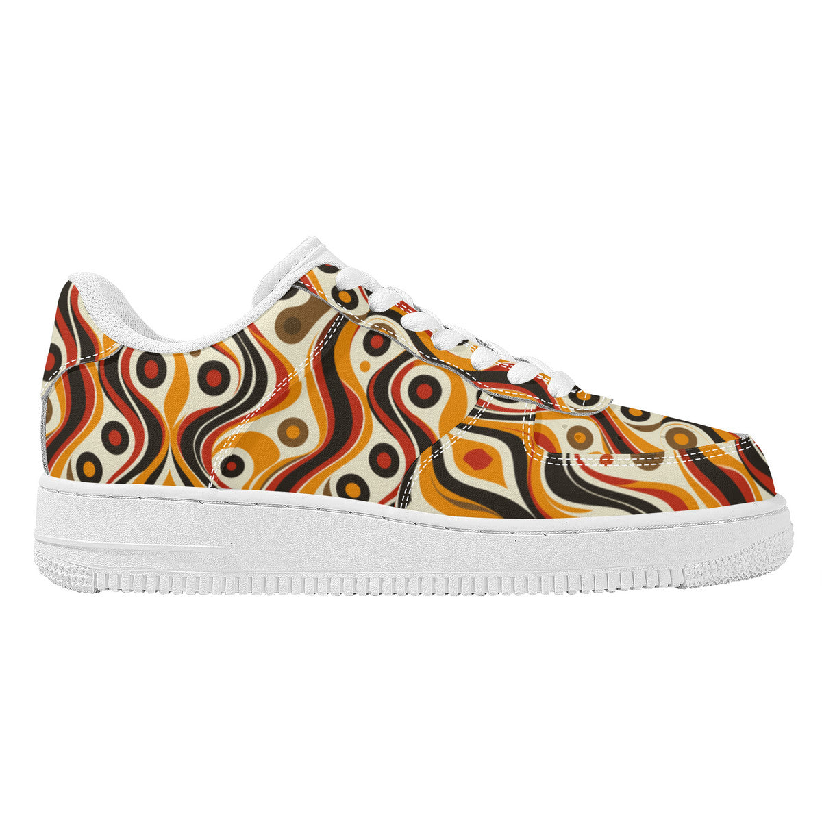 Retro Funky Chic Groove Vibrant Orange, Red, and Brown Swirls with Geometric Dots Unisex Air Force Sneakers