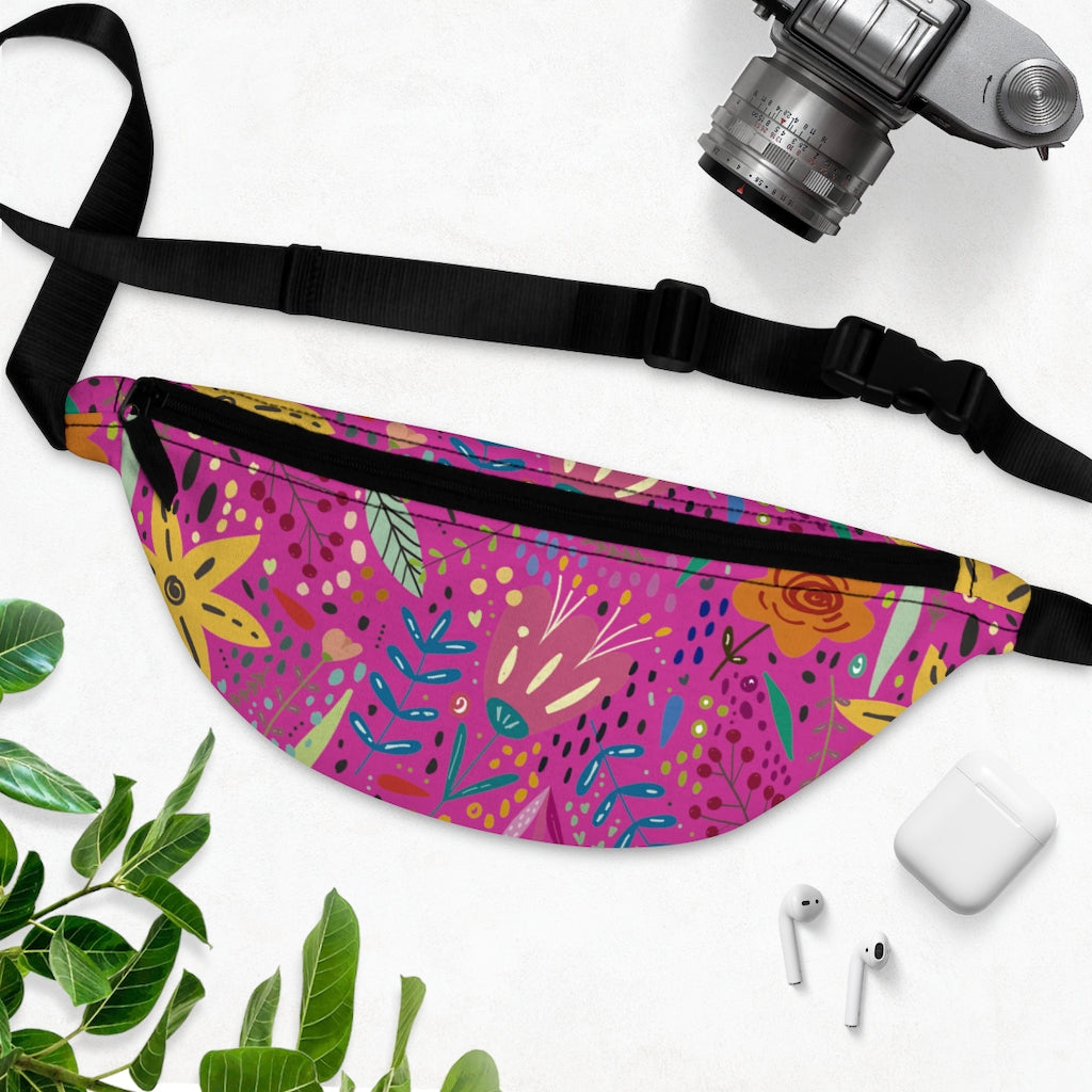 Springtime Splendor: Hand-Drawn Flowers Bursting with Vibrant Colors Design on Pink Lifestyle Stylish Fanny Pack