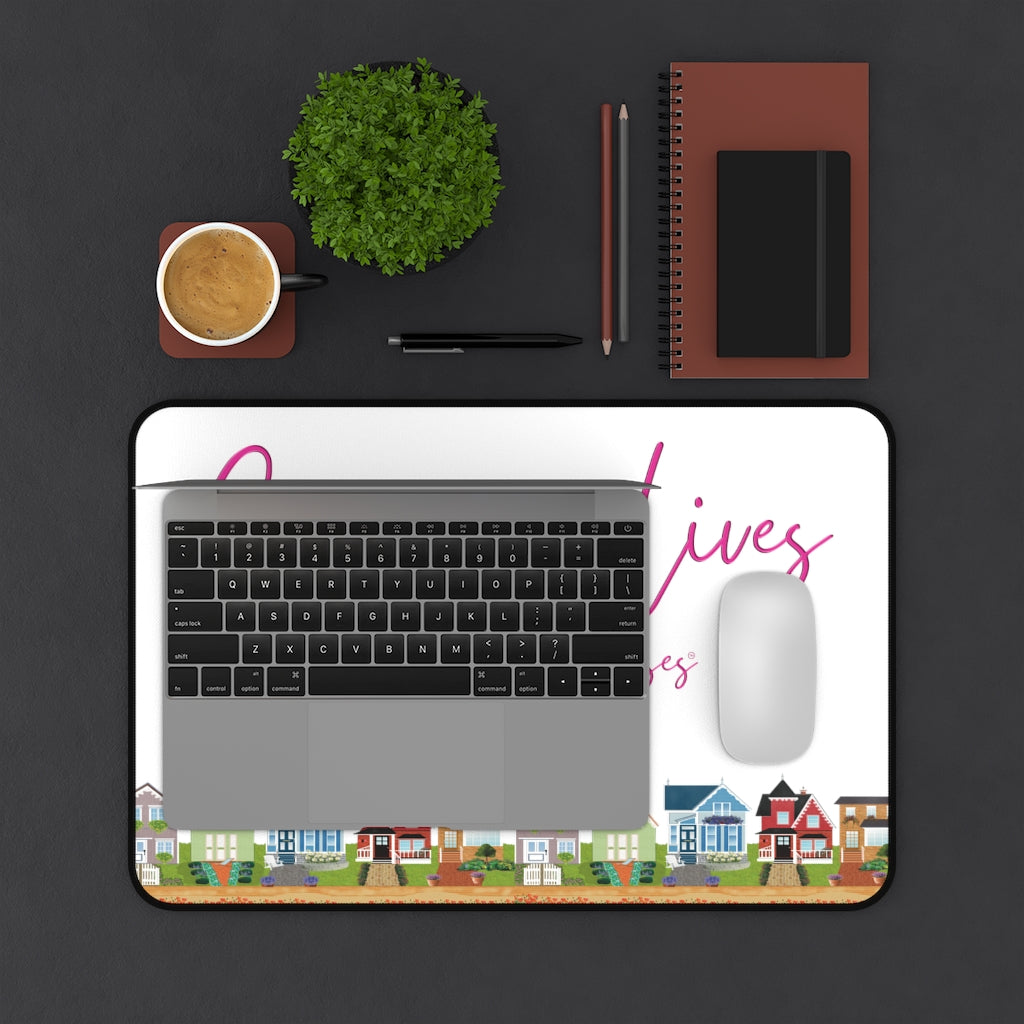 Changing Lives Not Just Addresses Pink on White Stylish Anti Slip Desk Mat in Multiple Sizes