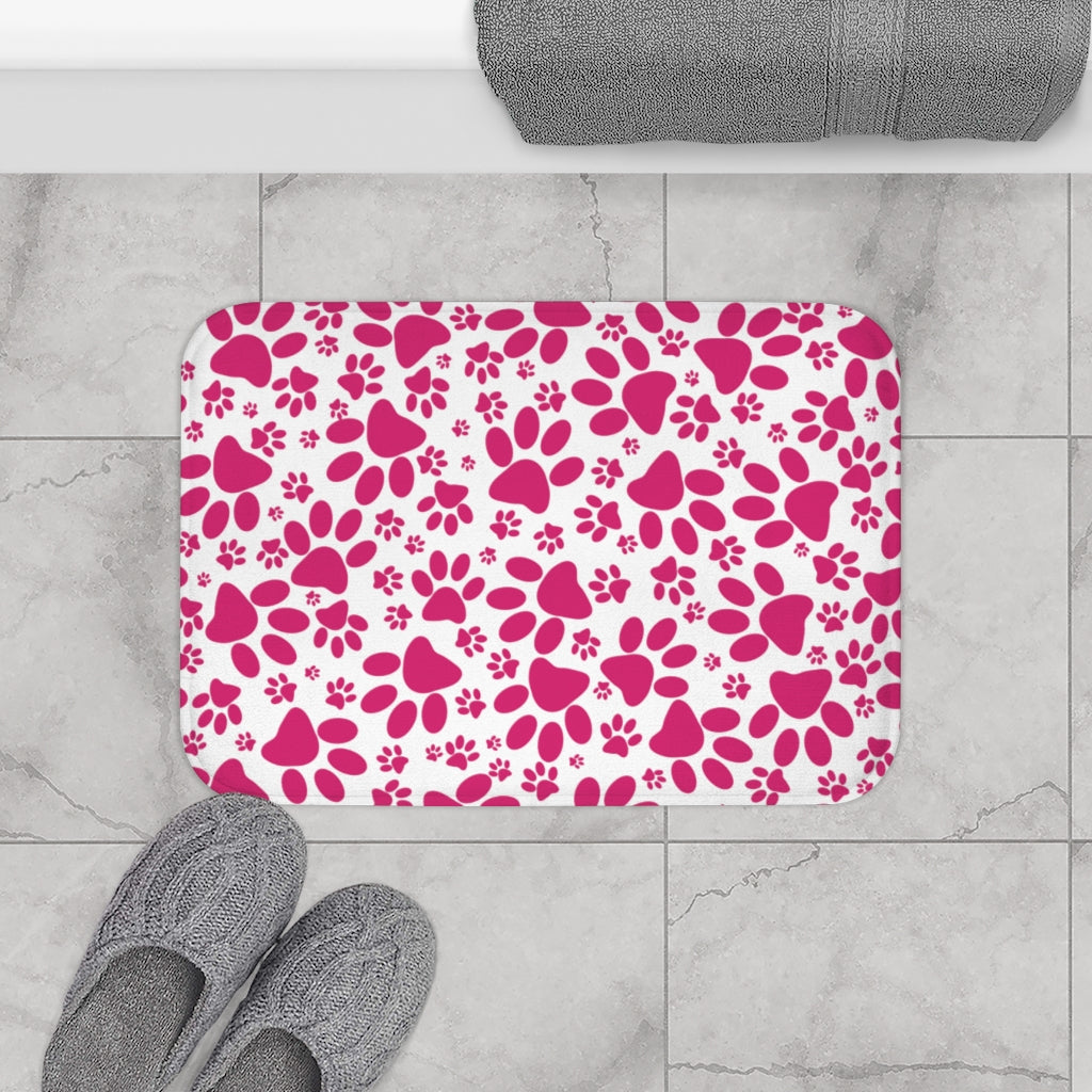 All Over Paw Prints Pink on White  - Bathroom Non-Slip Mat 2 Sizes