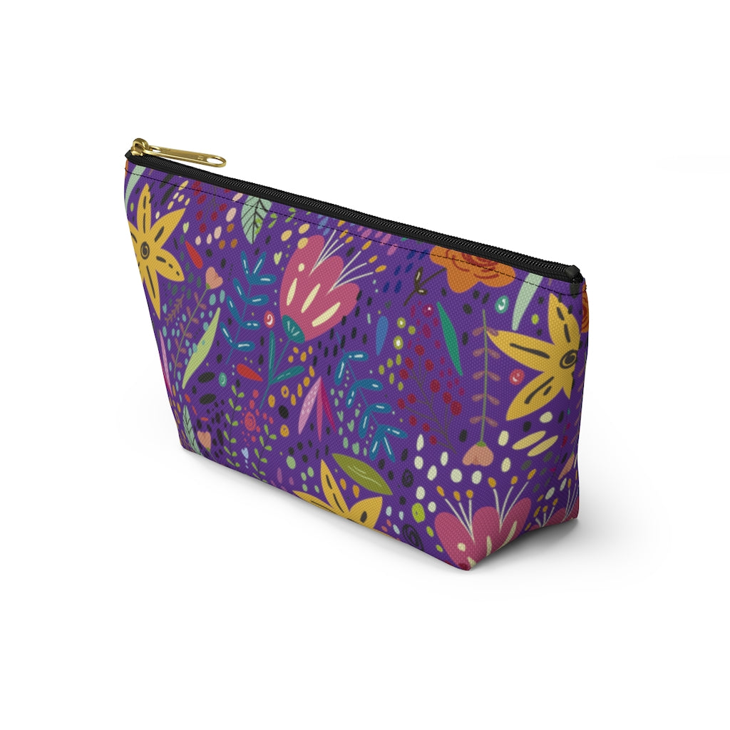 Springtime Splendor: Hand-Drawn Flowers Bursting with Vibrant Colors Design on Purple  - Makeup & Accessory Bag 2 Sizes