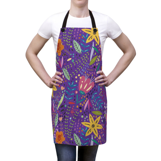 Springtime Splendor: Hand-Drawn Flowers Bursting with Vibrant Colors Design on Purple - Kitchen Chef Apron