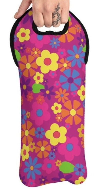 Flower Power on Pink Background Wine Tote Bag Reusable Eco Friendly