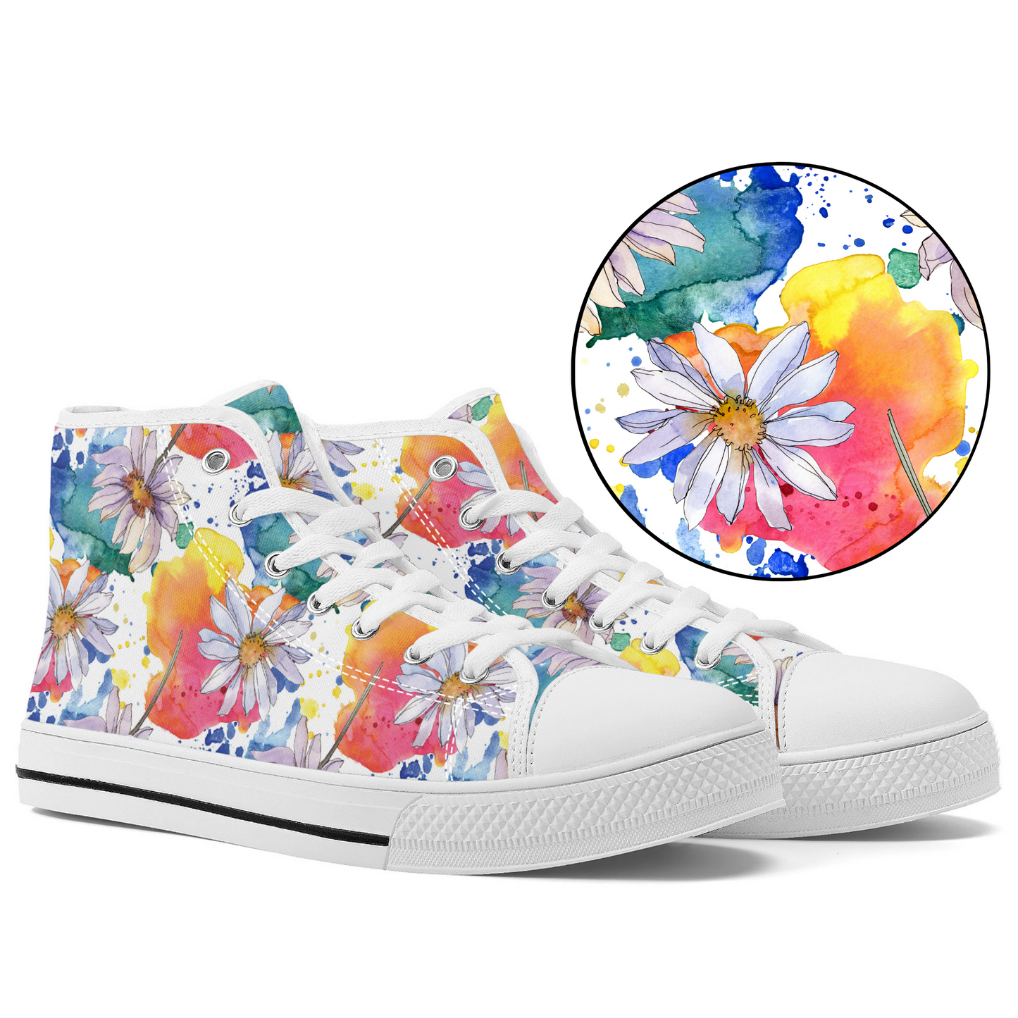 Lively Blooms of Vibrant Daisies Painted in Watercolor Converse Style High Tops